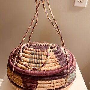 Antique Oval Woven Basket with Lid/Rope to Hang